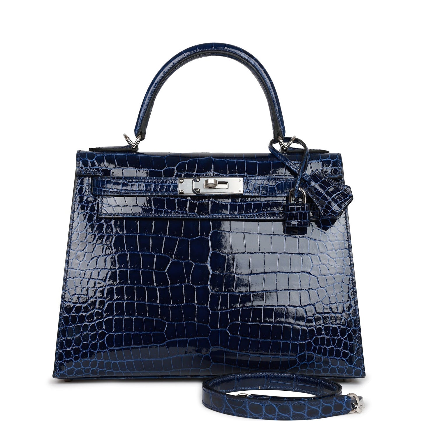 Hermes Kelly 28 Sellier Bleu Saphir Shiny Porosus Crocodile Palladium Hardware
