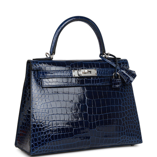 Hermes Kelly 28 Sellier Bleu Saphir Shiny Porosus Crocodile Palladium Hardware