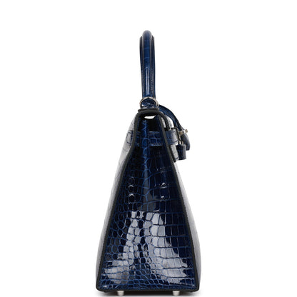 Hermes Kelly 28 Sellier Bleu Saphir Shiny Porosus Crocodile Palladium Hardware