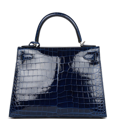 Hermes Kelly 28 Sellier Bleu Saphir Shiny Porosus Crocodile Palladium Hardware