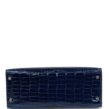 Hermes Kelly 28 Sellier Bleu Saphir Shiny Porosus Crocodile Palladium Hardware