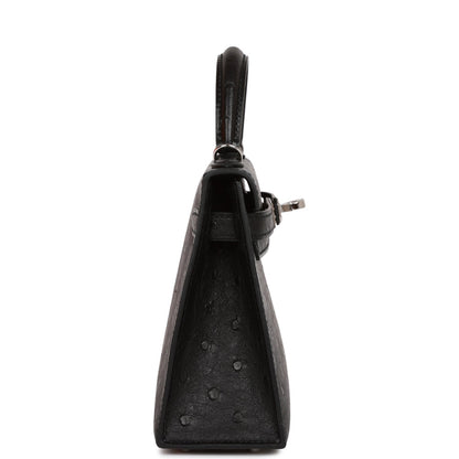 Hermes Kelly 20 Sellier Black Ostrich Palladium Hardware