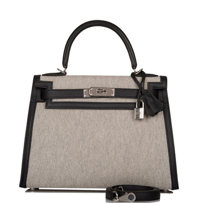 Hermes Kelly 28 Sellier Black Toile and Swift Palladium Hardware