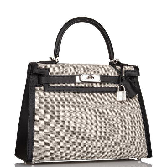 Hermes Kelly 28 Sellier Black Toile and Swift Palladium Hardware