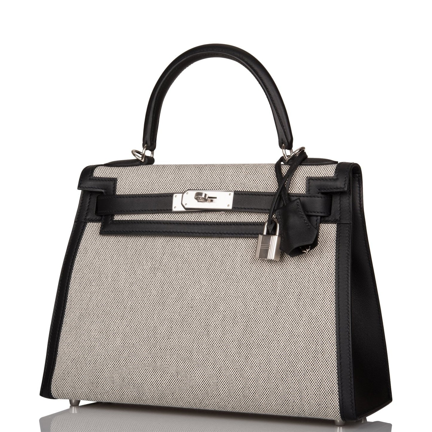 Hermes Kelly 28 Sellier Black Toile and Swift Palladium Hardware