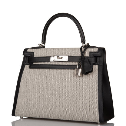 Hermes Kelly 28 Sellier Black Toile and Swift Palladium Hardware