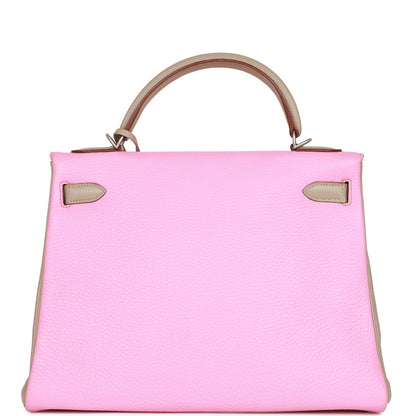 Hermes Special Order Kelly 32 Retourne Bubblegum and Gris Tourterelle Clemence Brushed Palladium Hardware