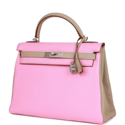 Hermes Special Order Kelly 32 Retourne Bubblegum and Gris Tourterelle Clemence Brushed Palladium Hardware