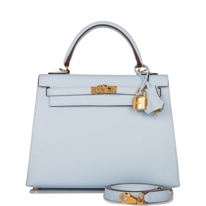Hermes Kelly 25 Sellier Bleu Brume Epsom Gold Hardware