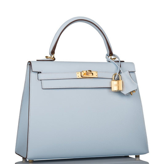Hermes Kelly 25 Sellier Bleu Brume Epsom Gold Hardware