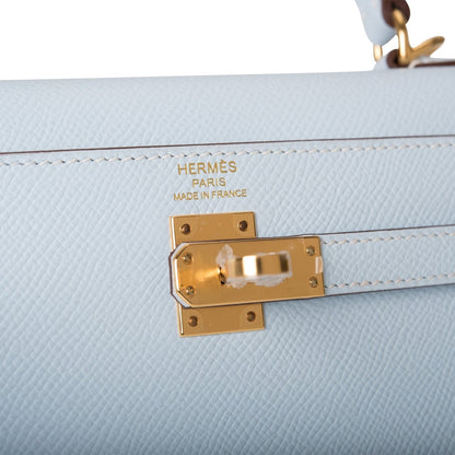 Hermes Kelly 25 Sellier Bleu Brume Epsom Gold Hardware