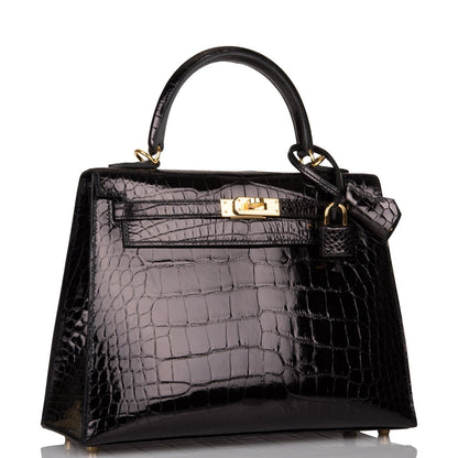Hermes Kelly 25 Sellier Black Shiny Alligator Gold Hardware