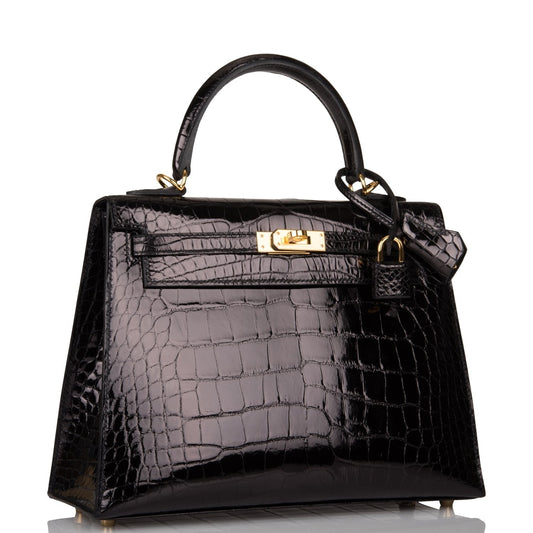 Hermes Kelly 25 Sellier Black Shiny Alligator Gold Hardware