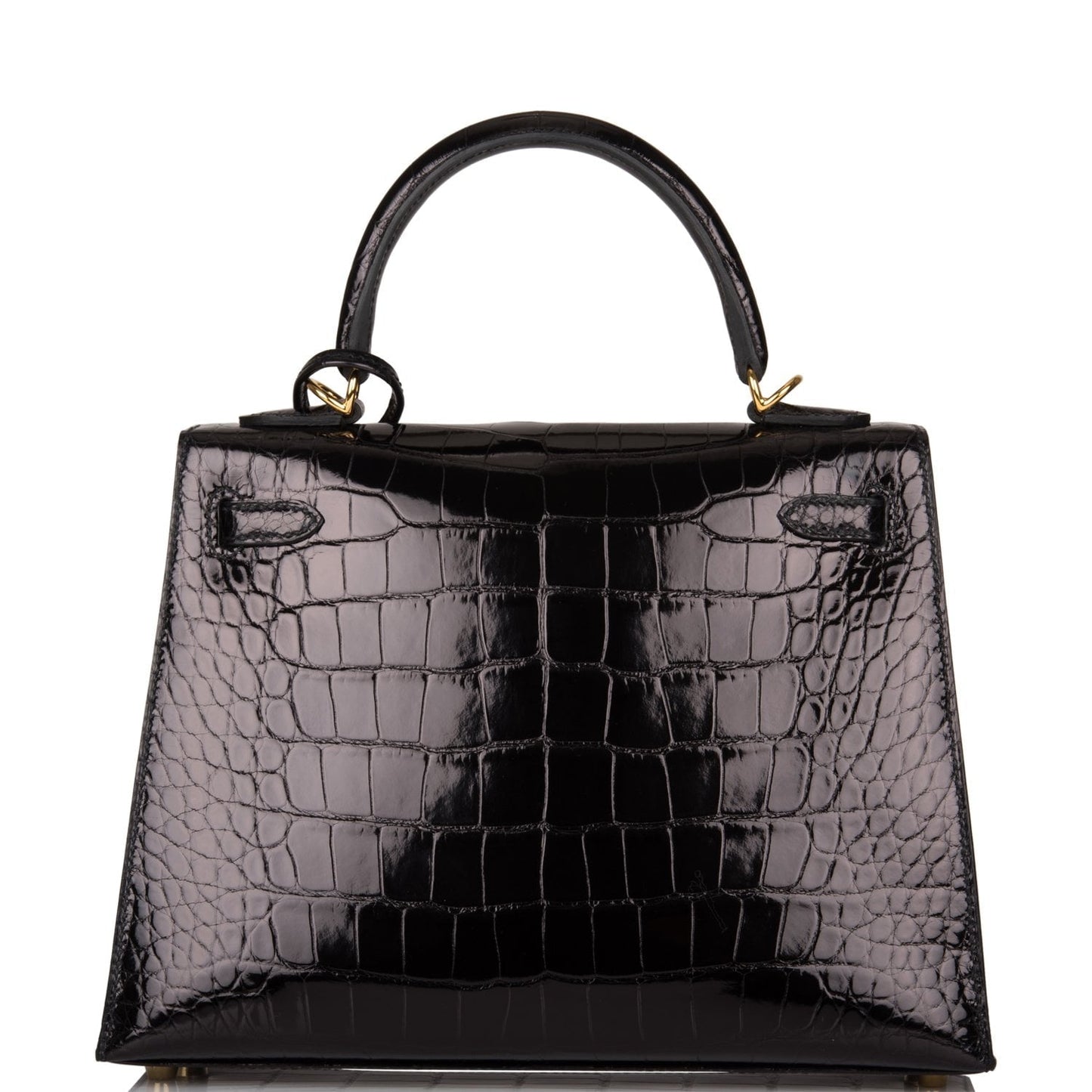 Hermes Kelly 25 Sellier Black Shiny Alligator Gold Hardware
