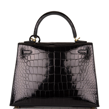 Hermes Kelly 25 Sellier Black Shiny Alligator Gold Hardware