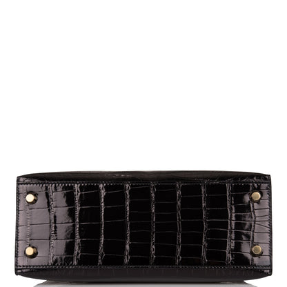 Hermes Kelly 25 Sellier Black Shiny Alligator Gold Hardware
