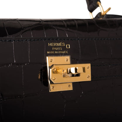 Hermes Kelly 25 Sellier Black Shiny Alligator Gold Hardware