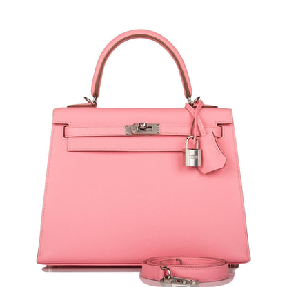 Hermes Kelly 25 Sellier Rose Confetti Epsom Palladium Hardware