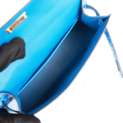 Hermes Kelly 20 Sellier Bleu Zellige Shiny Alligator Gold Hardware