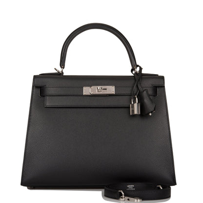 Hermes Kelly 28 Sellier Black Epsom Palladium Hardware