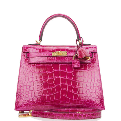 Hermes Kelly 25 Sellier Rose Pourpre Shiny Alligator Gold Hardware