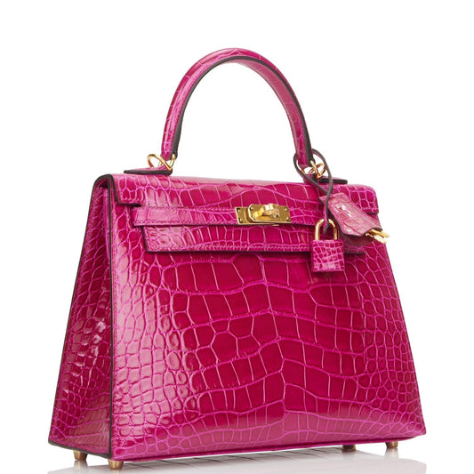 Hermes Kelly 25 Sellier Rose Pourpre Shiny Alligator Gold Hardware