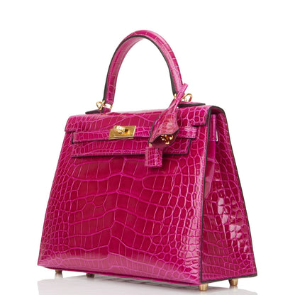 Hermes Kelly 25 Sellier Rose Pourpre Shiny Alligator Gold Hardware