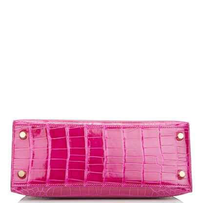 Hermes Kelly 25 Sellier Rose Pourpre Shiny Alligator Gold Hardware