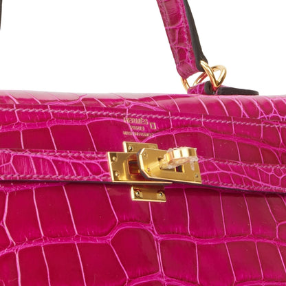 Hermes Kelly 25 Sellier Rose Pourpre Shiny Alligator Gold Hardware