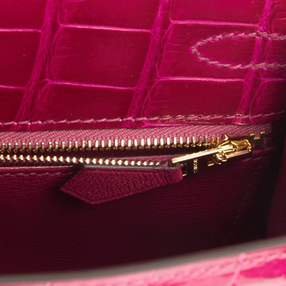 Hermes Kelly 25 Sellier Rose Pourpre Shiny Alligator Gold Hardware