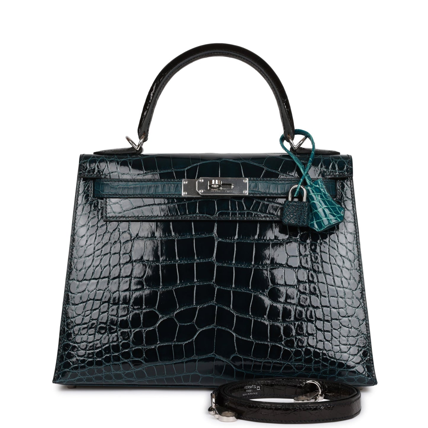 Hermes Kelly 28 Sellier Tri-color Black, Vert Rousseau and Vert Bosphore Shiny and Matte Alligator Palladium Hardware