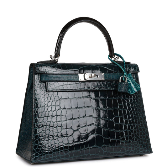 Hermes Kelly 28 Sellier Tri-color Black, Vert Rousseau and Vert Bosphore Shiny and Matte Alligator Palladium Hardware