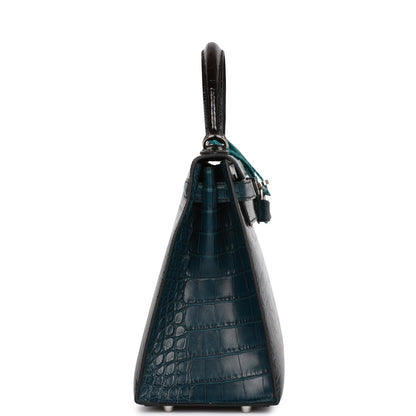 Hermes Kelly 28 Sellier Tri-color Black, Vert Rousseau and Vert Bosphore Shiny and Matte Alligator Palladium Hardware