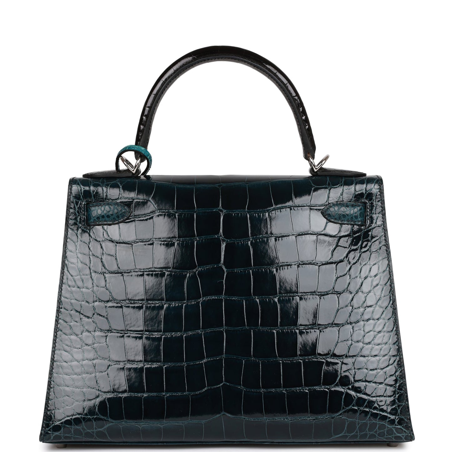 Hermes Kelly 28 Sellier Tri-color Black, Vert Rousseau and Vert Bosphore Shiny and Matte Alligator Palladium Hardware