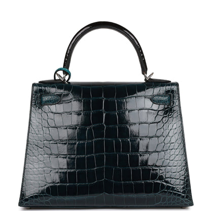 Hermes Kelly 28 Sellier Tri-color Black, Vert Rousseau and Vert Bosphore Shiny and Matte Alligator Palladium Hardware