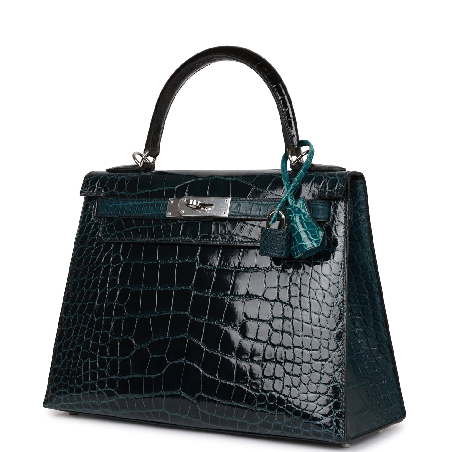 Hermes Kelly 28 Sellier Tri-color Black, Vert Rousseau and Vert Bosphore Shiny and Matte Alligator Palladium Hardware