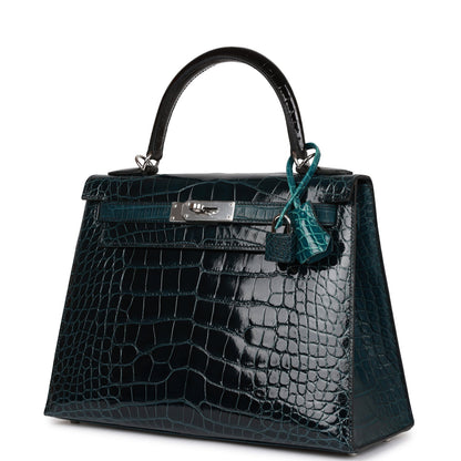 Hermes Kelly 28 Sellier Tri-color Black, Vert Rousseau and Vert Bosphore Shiny and Matte Alligator Palladium Hardware