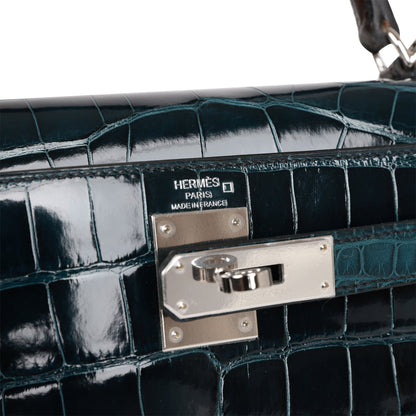 Hermes Kelly 28 Sellier Tri-color Black, Vert Rousseau and Vert Bosphore Shiny and Matte Alligator Palladium Hardware
