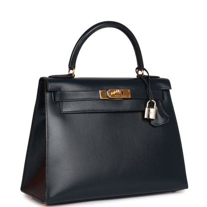 Hermes Kelly 28 Sellier Bleu Marine Box Gold Hardware