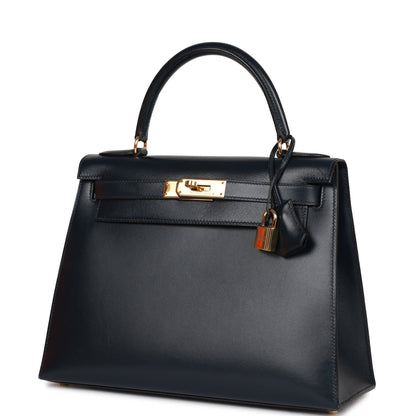 Hermes Kelly 28 Sellier Bleu Marine Box Gold Hardware