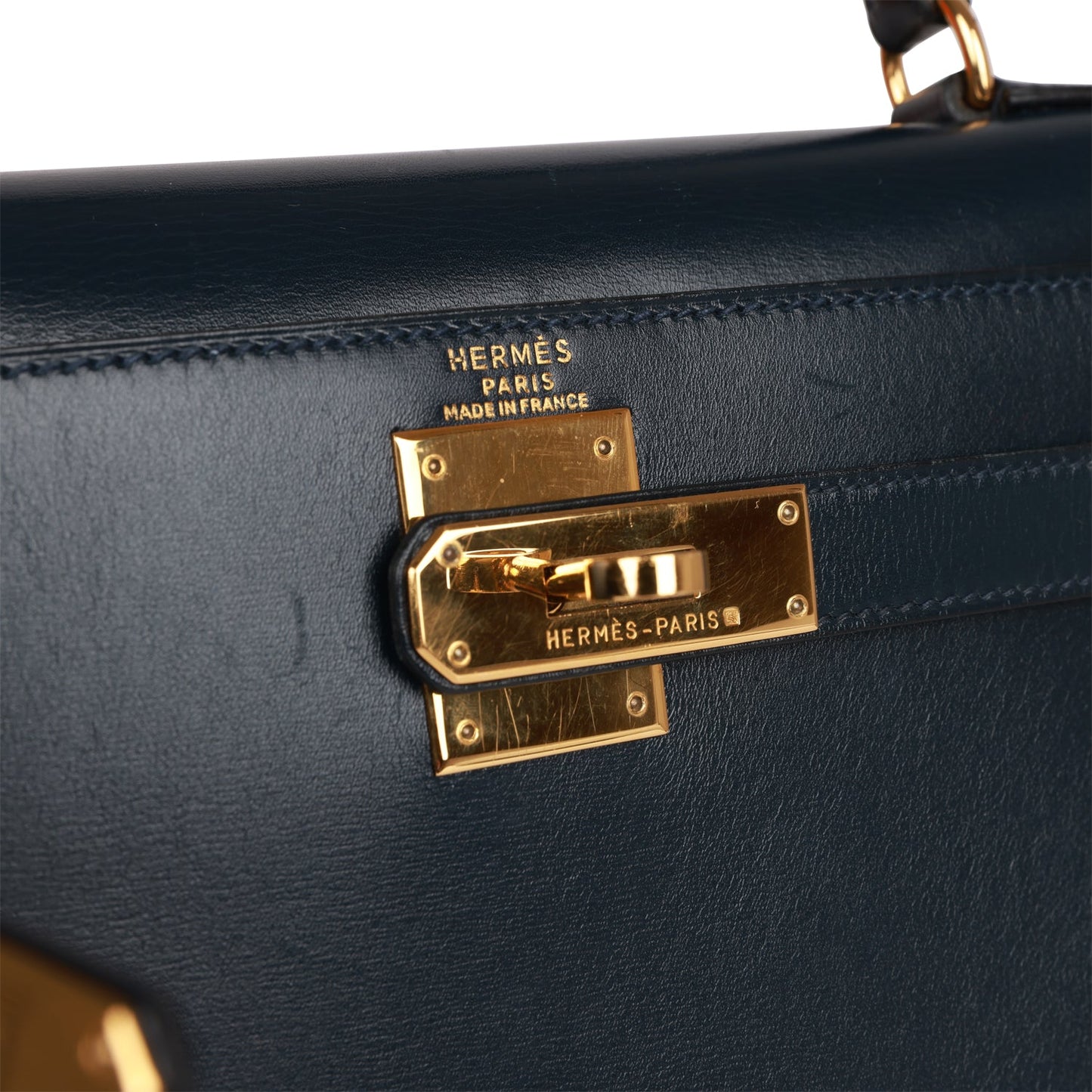 Hermes Kelly 28 Sellier Bleu Marine Box Gold Hardware