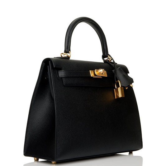 Hermes Kelly 25 Sellier Black Epsom Gold Hardware