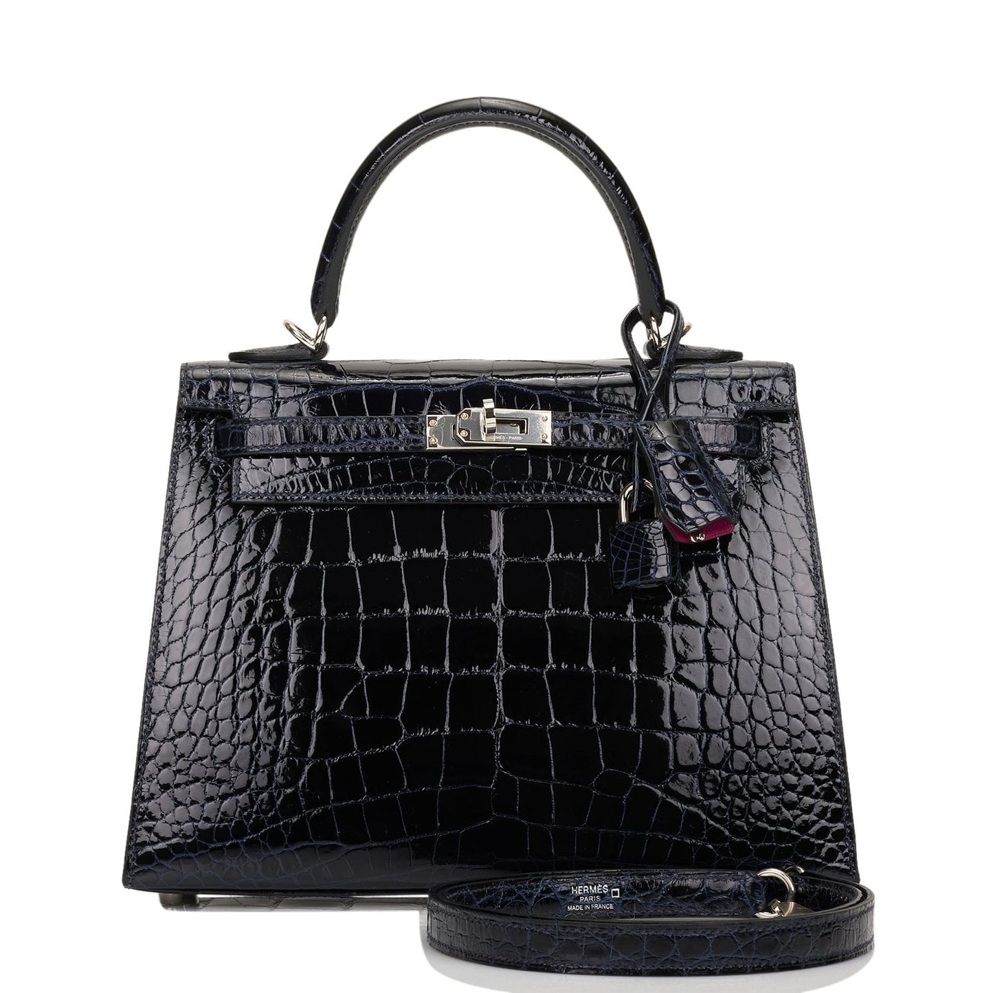 Hermes Kelly 25 Sellier Bleu Marine Verso Shiny Alligator Palladium Hardware