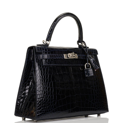 Hermes Kelly 25 Sellier Bleu Marine Verso Shiny Alligator Palladium Hardware