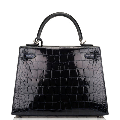 Hermes Kelly 25 Sellier Bleu Marine Verso Shiny Alligator Palladium Hardware