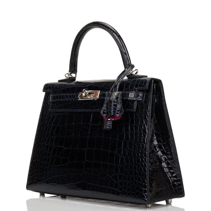 Hermes Kelly 25 Sellier Bleu Marine Verso Shiny Alligator Palladium Hardware