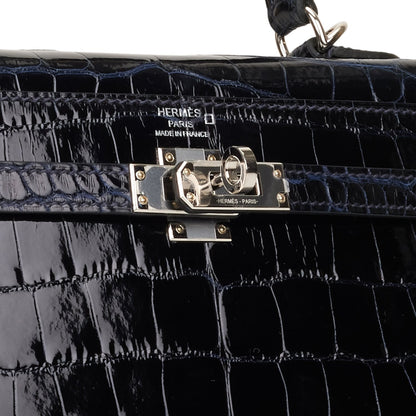 Hermes Kelly 25 Sellier Bleu Marine Verso Shiny Alligator Palladium Hardware