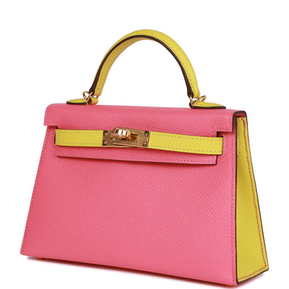 Hermes Special Order (HSS) Kelly 20 Sellier Rose Azalee and Lime Epsom Gold Hardware