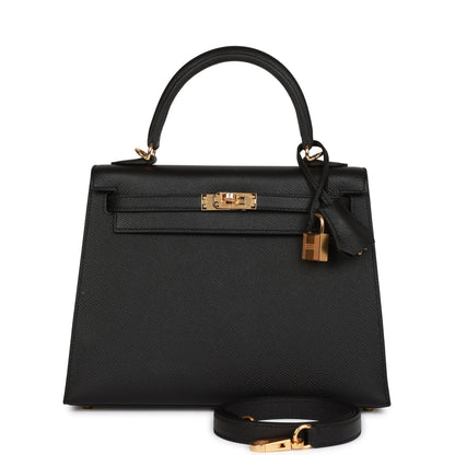 Hermes Kelly 25 Sellier Black Epsom Gold Hardware