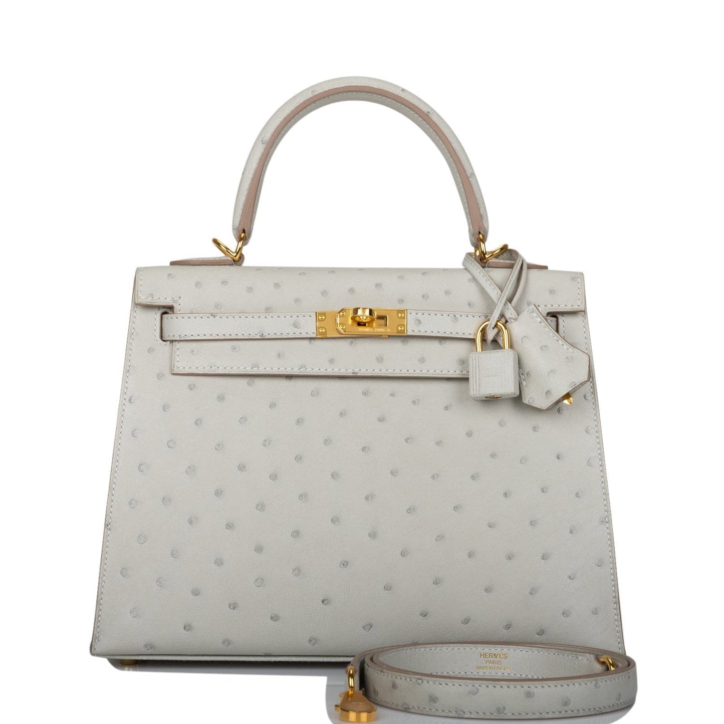 Hermes Kelly 25 Sellier Gris Perle Ostrich Gold Hardware